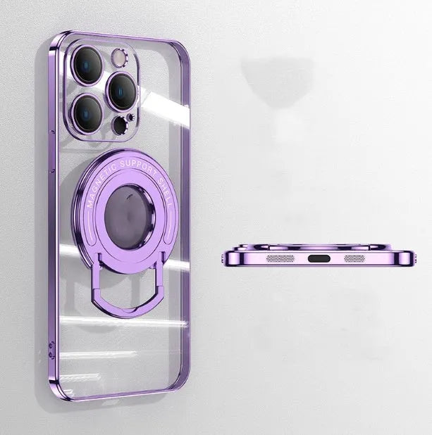 Transparent magnetic iPhone case with a silver electroplated frame and a pulled-out kickstand.