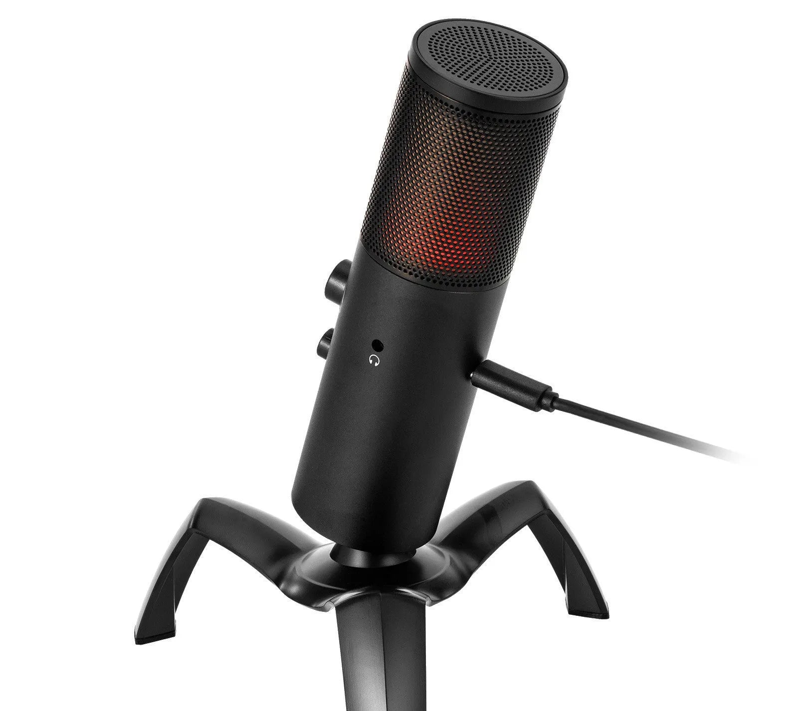 Q18 black condenser microphone with RGB lighting on adjustable metal tripod for recording and streaming