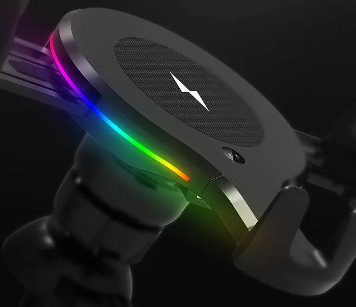 Car wireless charging stand with infrared sensor, ABS and silicone body, 250g, includes outlet and 3M adhesive brackets.