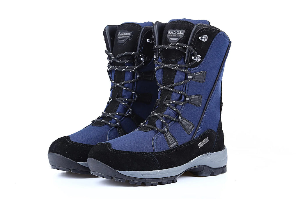 Women's mid-calf thermal snow boots in black with genuine leather upper and rubber sole for winter outdoor use