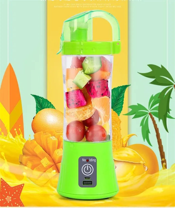 Blue handheld USB rechargeable electric juicer with 400ml cup and blending blade.