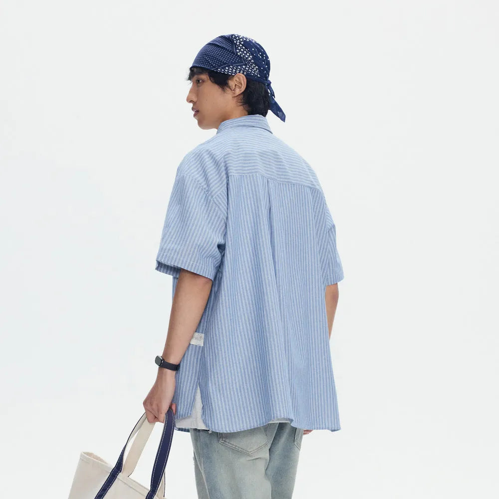 Blue striped short-sleeved overall shirt in loose cardigan style for men and women