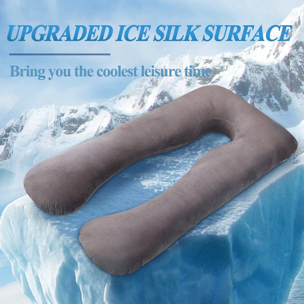 U-shaped pregnancy pillow in light blue with ice silk fabric, showing full 130cm length