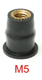 Pack of 10 black rubber brass well nut fasteners for motorcycle windshields in M4, M5, and M6 sizes.