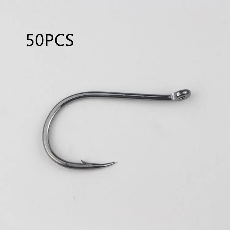 Bulk pack of barbed crooked mouth fishing hooks for sea fishing, made from alloy carbon steel.