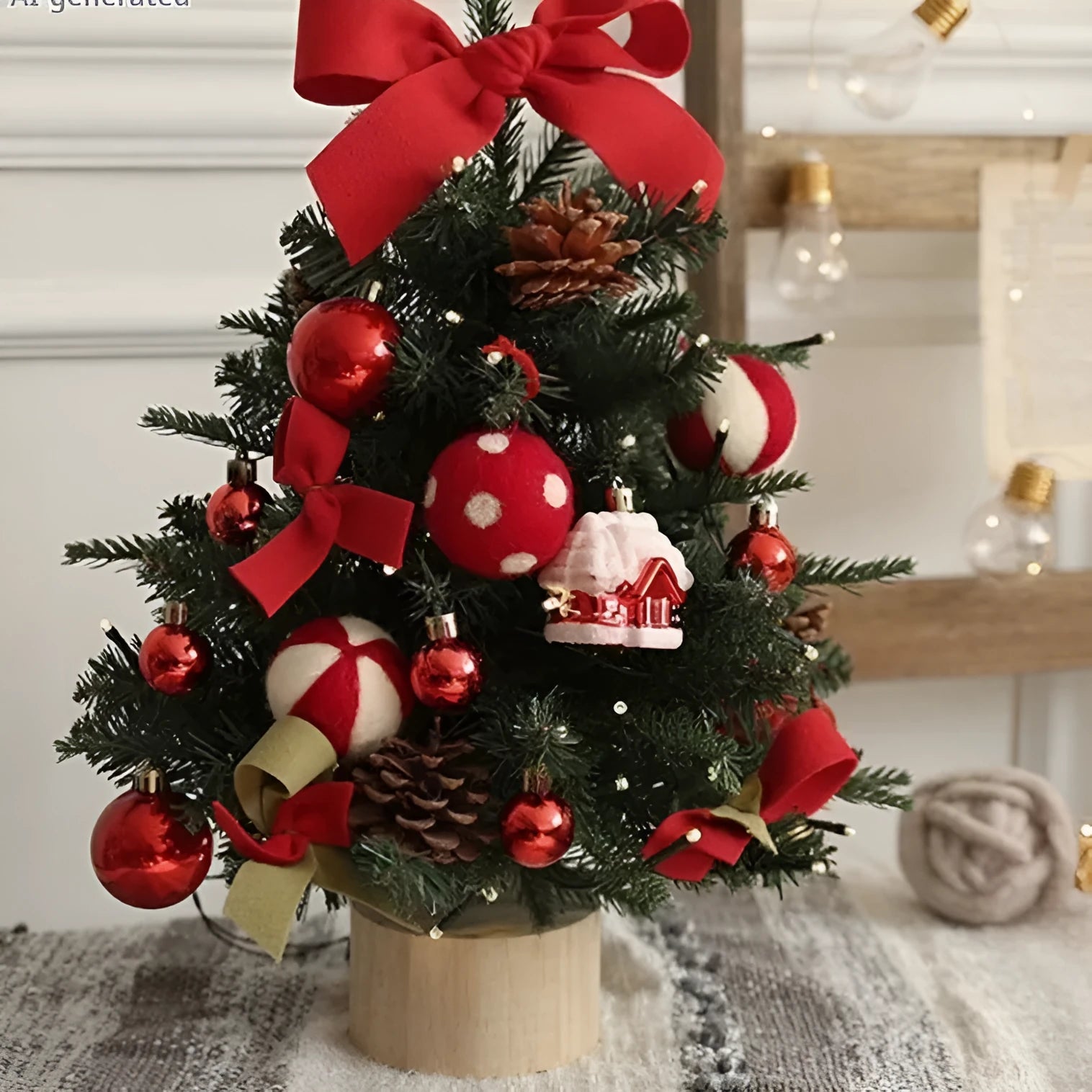 Small pre-lit artificial Christmas tree on a desk, available in red acorn or champagne gold knight styles.