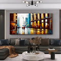 Handmade abstract urban architectural oil painting on canvas, horizontal framed-less rolled wall art for modern home decor