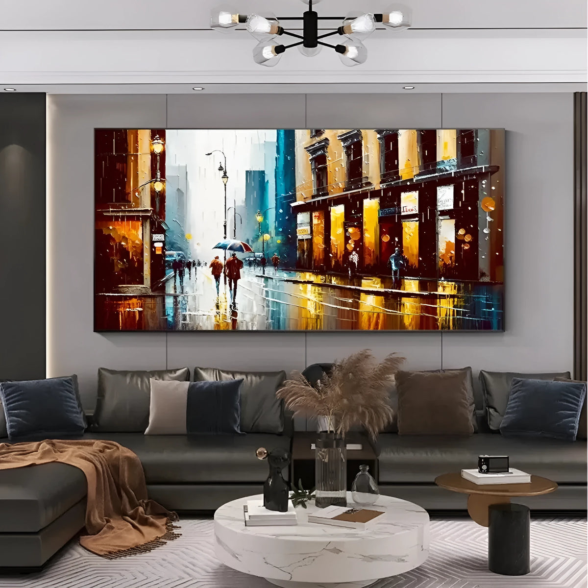 Handmade abstract urban architectural oil painting on canvas, horizontal framed-less rolled wall art for modern home decor