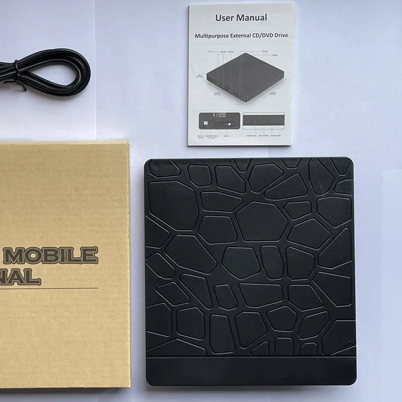 Black external optical drive with dual USB connectors for notebook computers