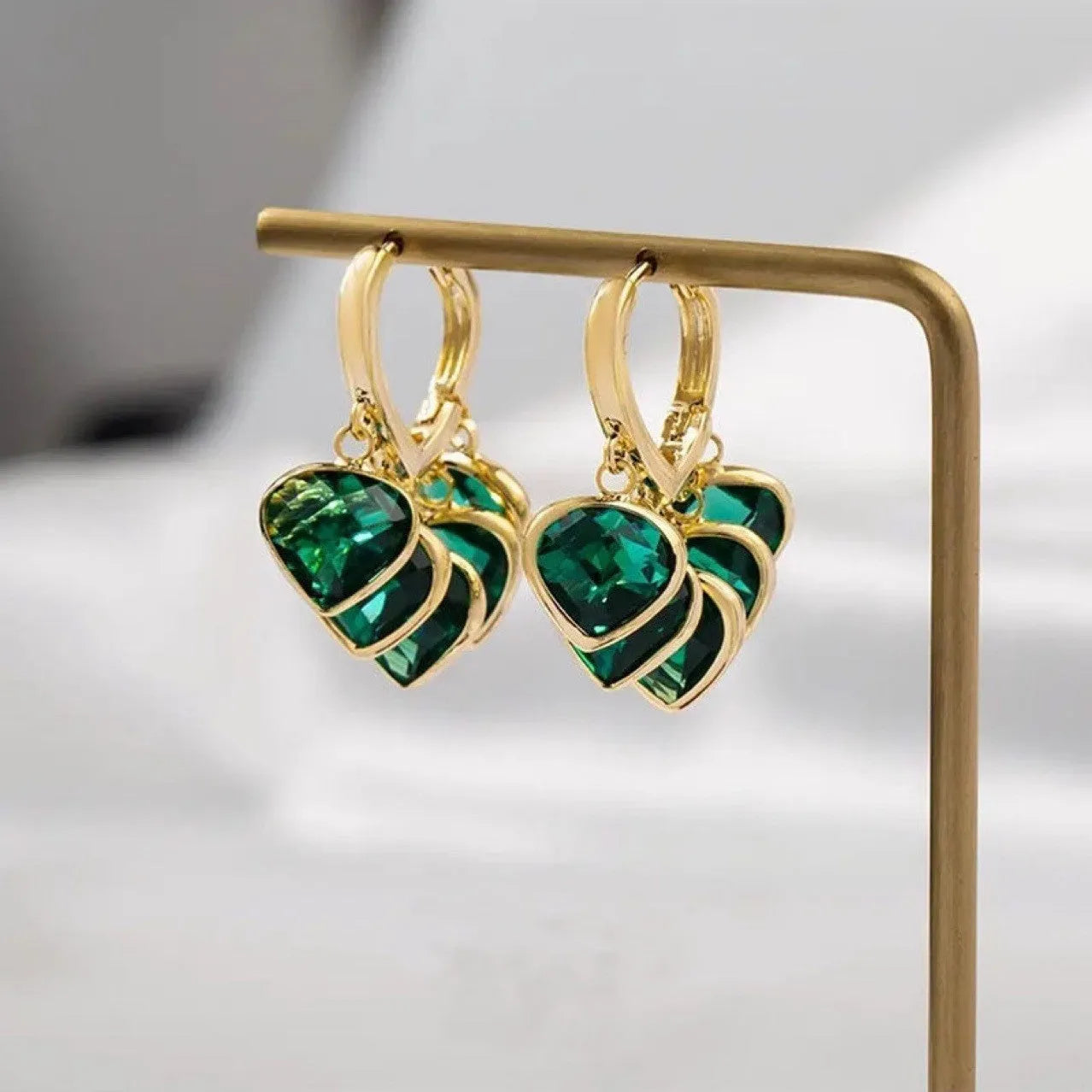 Green glass heart pendant earrings with Korean style design and ear clip fitting