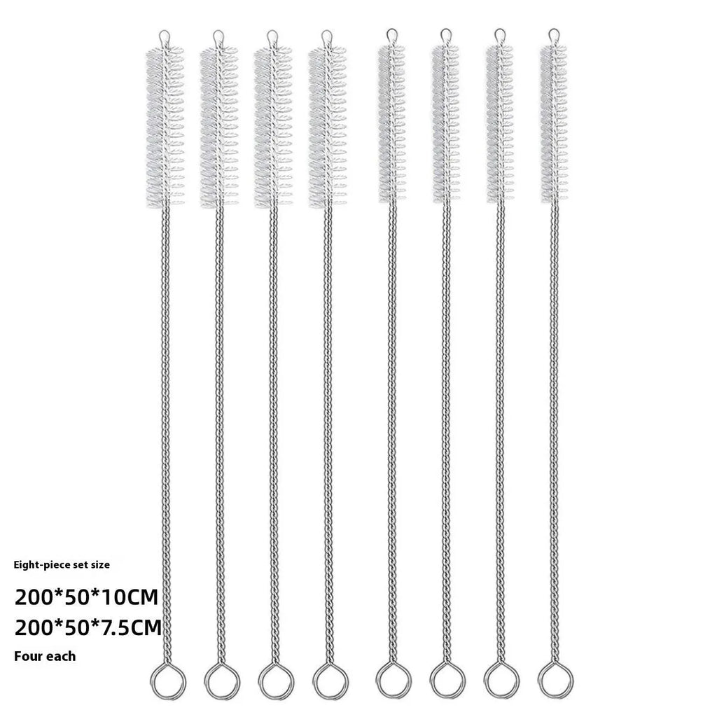 Set of stainless steel handled cleaning brushes with white nylon bristles for cleaning reusable straws.