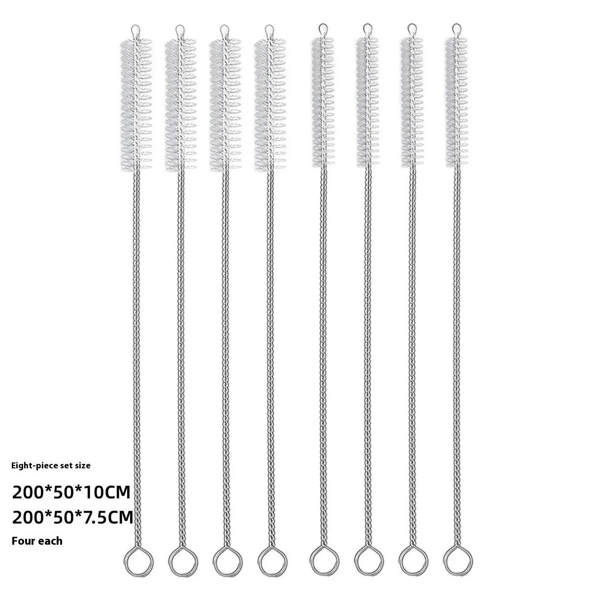 Set of stainless steel handled cleaning brushes with white nylon bristles for cleaning reusable straws.