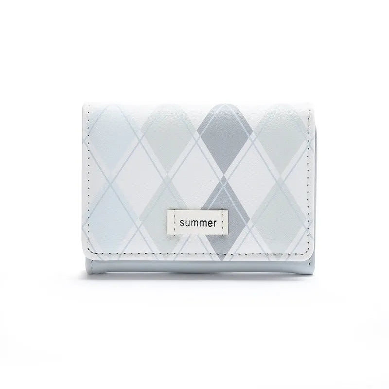 Women's short folding wallet in PU leather with geometric plaid pattern, horizontal square shape, available in pink, yellow or blue