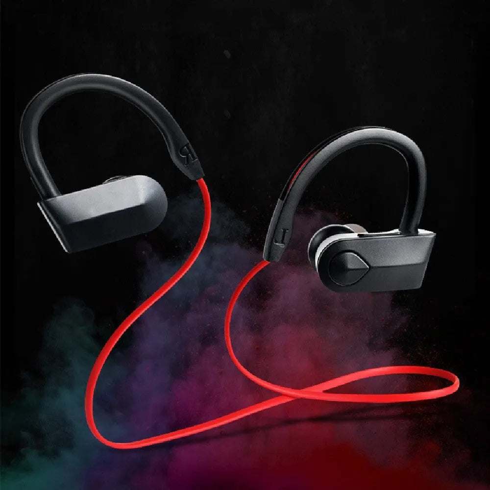 Wireless neck mounted Bluetooth earphones in black showing neckband design with earpieces and USB charging cable