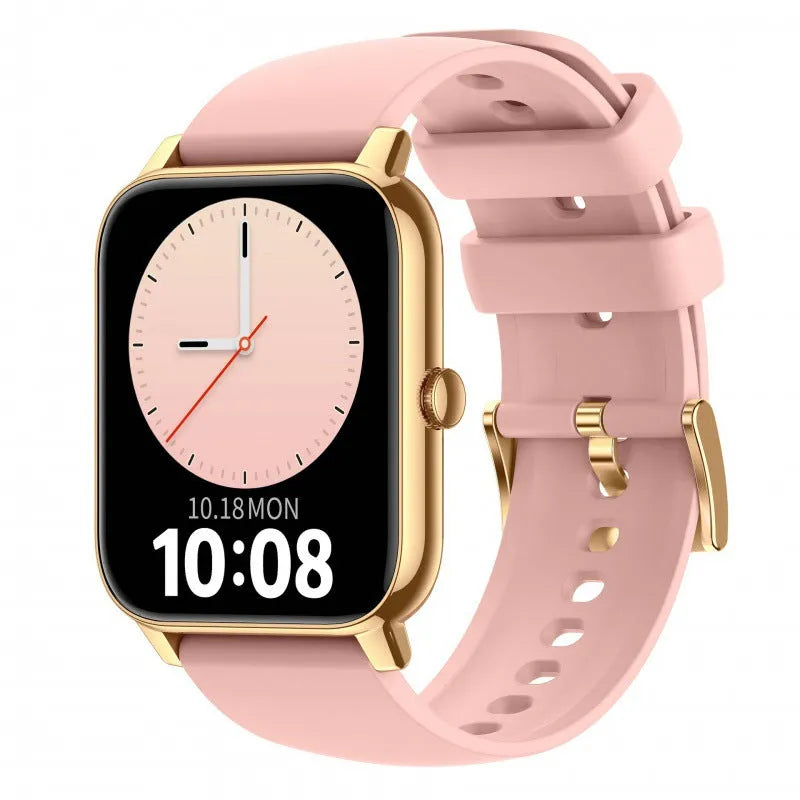Smart Watch P90 with 1.85 inch square TFT screen, Bluetooth calling, and touch button control in black, dark blue, light blue, pink, or gold steel double silicone strap