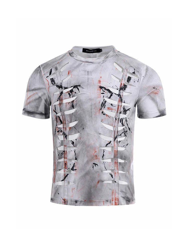 Men's white cotton t-shirt with cut-out hollow design detail on front