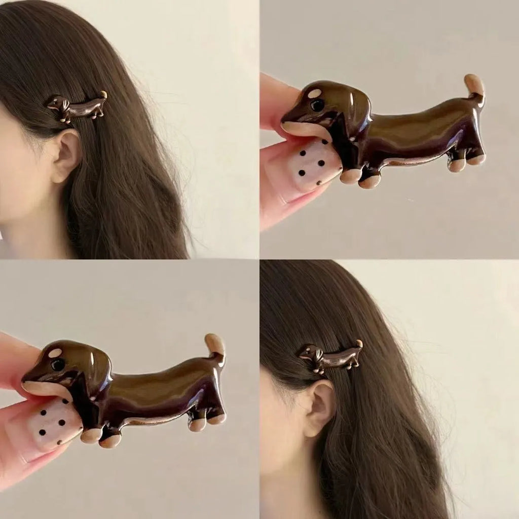 Cute dachshund dog design hair clips with an electroplated finish, shown as a single barrette.