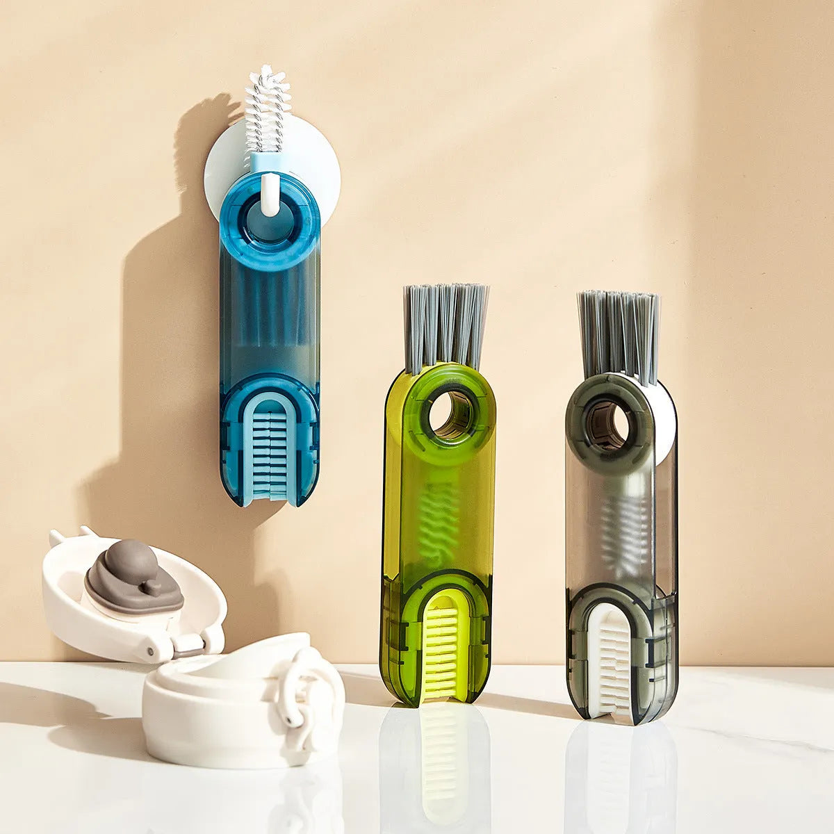 3-in-1 tiny bottle cup cover brush straw cleaner tool in transparent green, showing spiral brush and bevel corner design