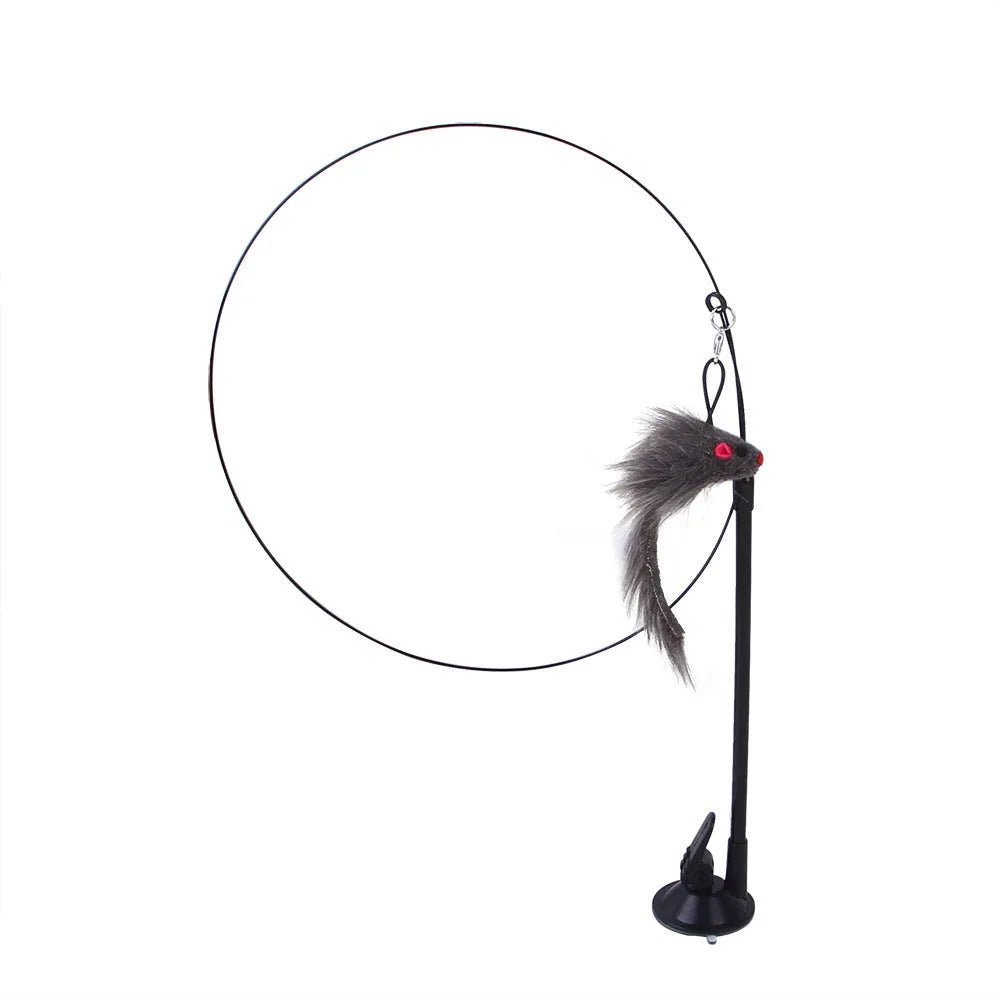 Sucker cat teaser toy with PP body, steel wire wand and replaceable multi-head in blue flying fish, grey strip, grey mouse and green feather options