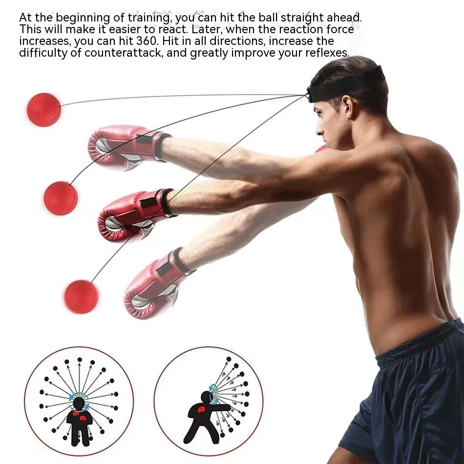 Head-mounted boxing reaction ball set showing multiple coloured PU balls, a rubber ball, and two headband options.