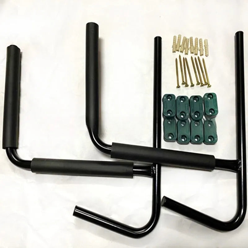 Carbon steel kayak wall hanger measuring 43cm by 38cm for storing kayaks and surfboards on a wall