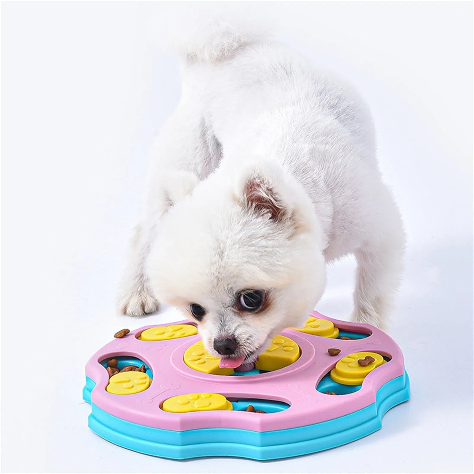 Blue interactive dog puzzle feeder toy for aggressive chewers with treat-dispensing design