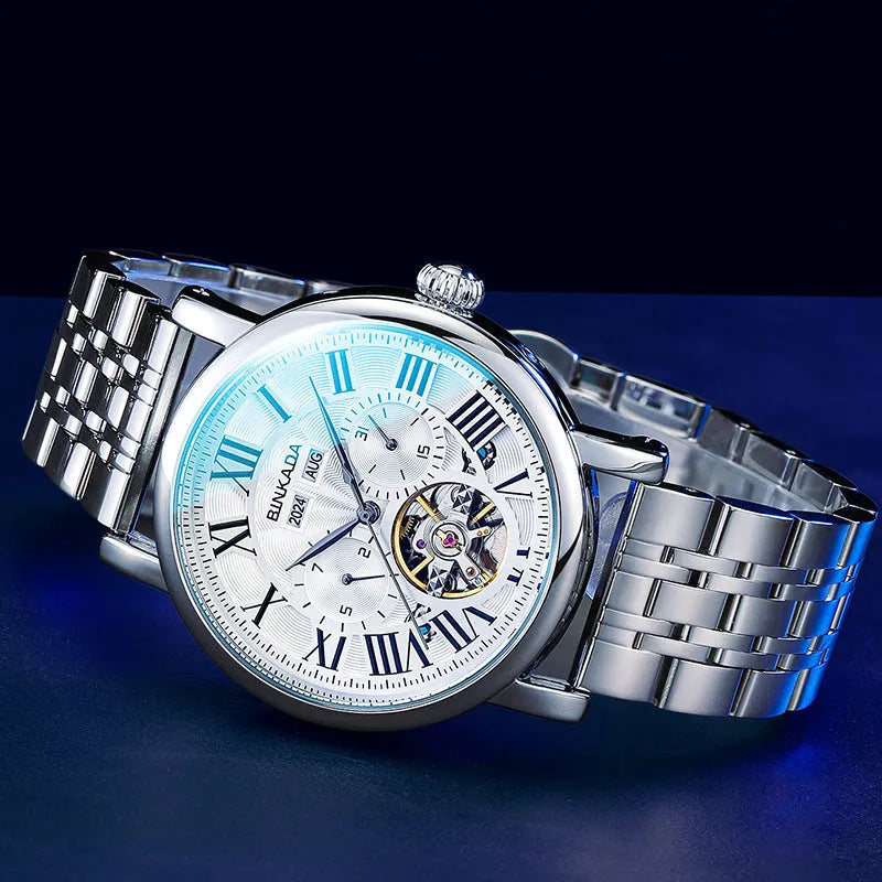 Men's automatic waterproof watch with stainless steel band in business styling