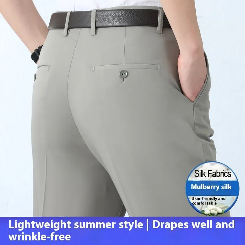 Men's straight-leg mulberry silk trousers in dark blue with high waist and non-iron fabric for business