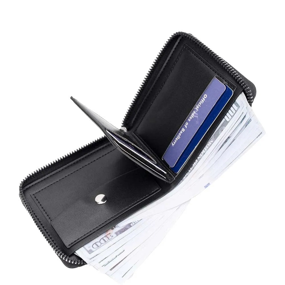 Black polyurethane zipper wallet with embossed detailing showing credit card slots and secure closure