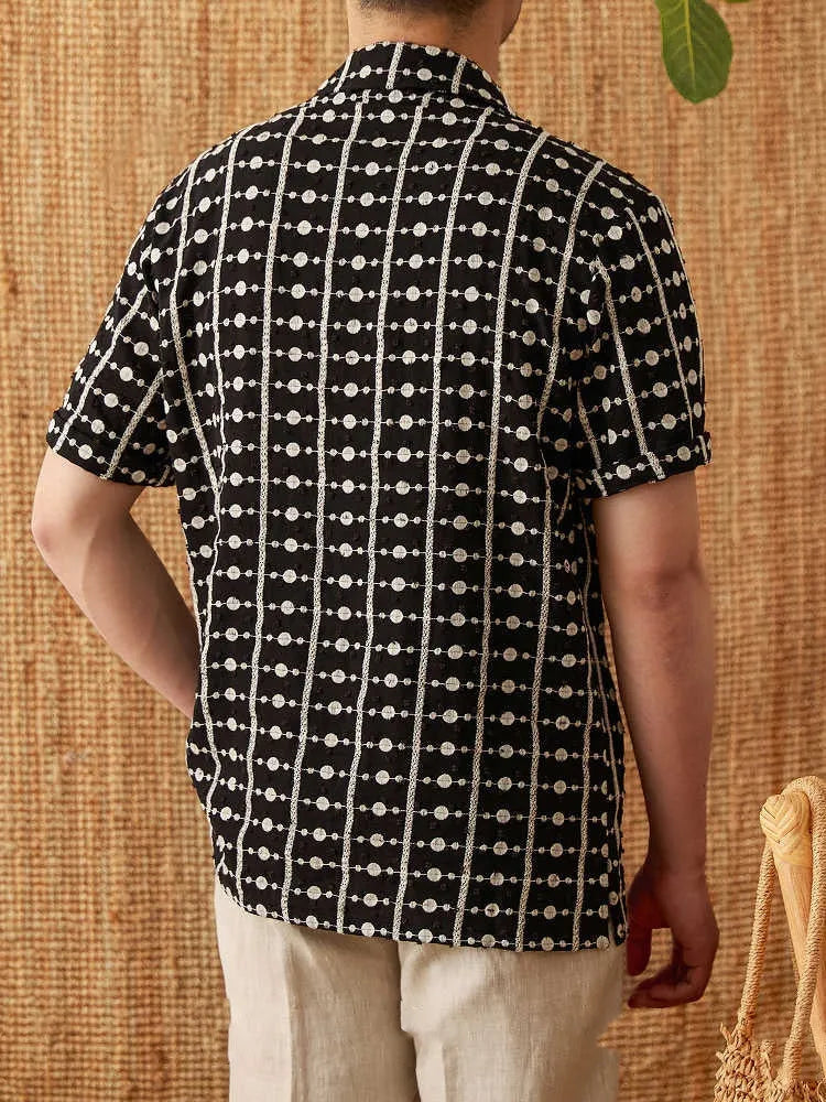 Black 100% cotton Cuban collar short sleeve shirt with printed design and embroidery, sizes M to 3XL