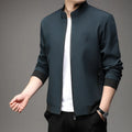 Korean-style loose lapel autumn jacket in navy blue with zipper pockets, shown on model for size reference