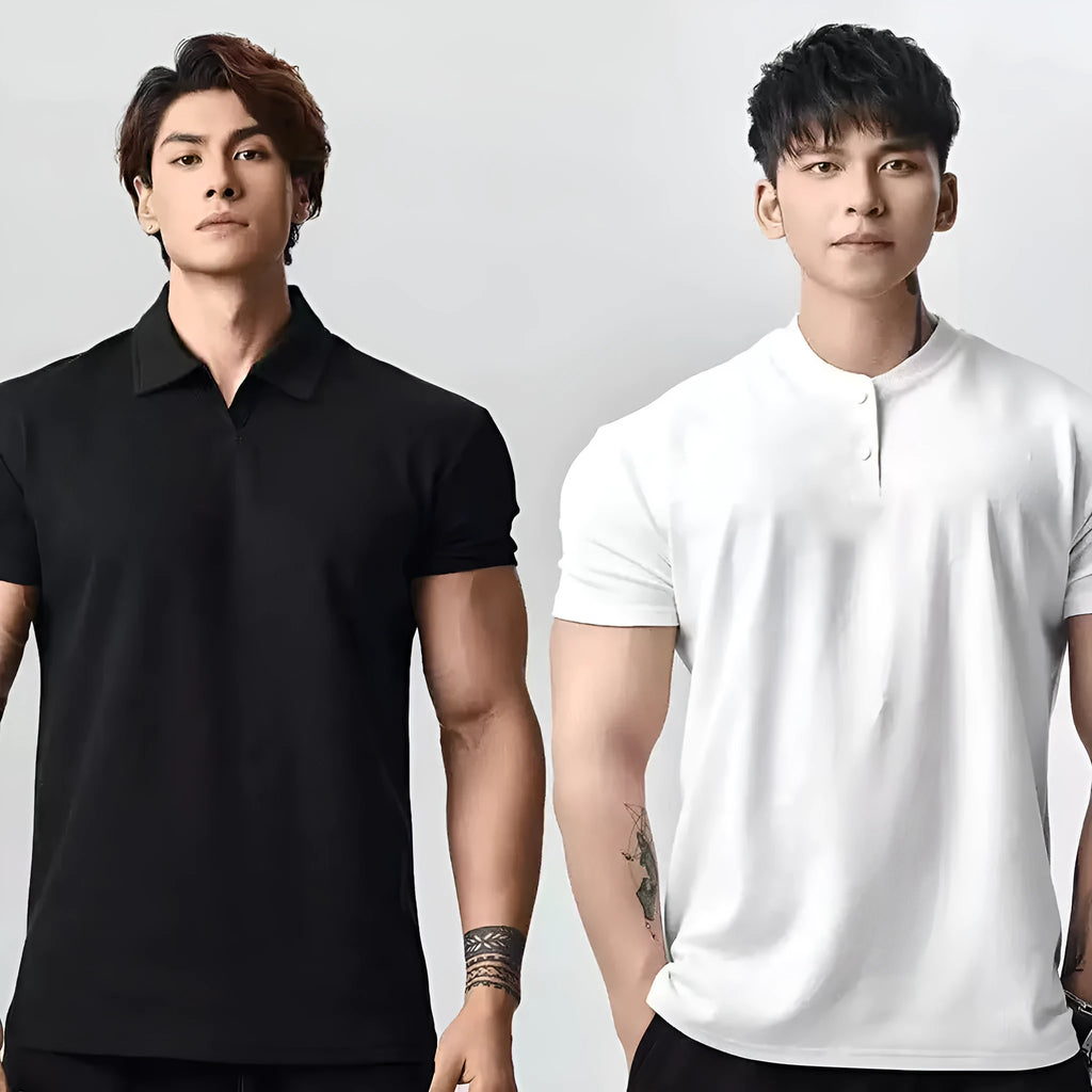 Men's loose fit solid colour t-shirt showing Henry collar and polo collar style options in white, black, grey.