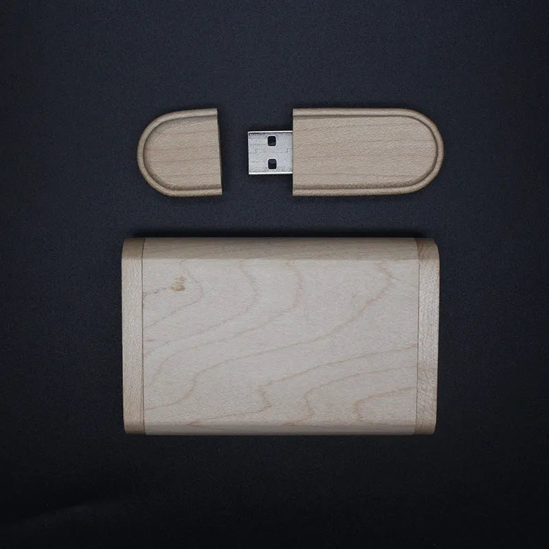 Custom wooden USB flash drive with logo printing, 6cm x 2.3cm x 1cm, USB 2.0, available in 1GB to 64GB.