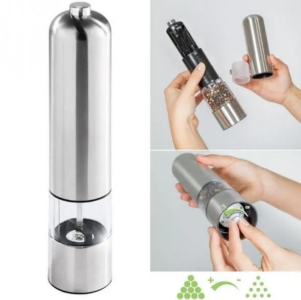 Stainless steel electric pepper grinder with natural colour finish