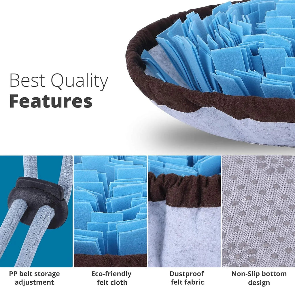 Blue adjustable snuffle mat for large dogs with multiple hide pockets for slow feeding and enrichment