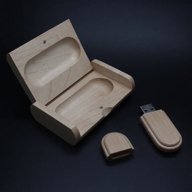 Custom wooden USB flash drive with logo printing, 6cm x 2.3cm x 1cm, USB 2.0, available in 1GB to 64GB.