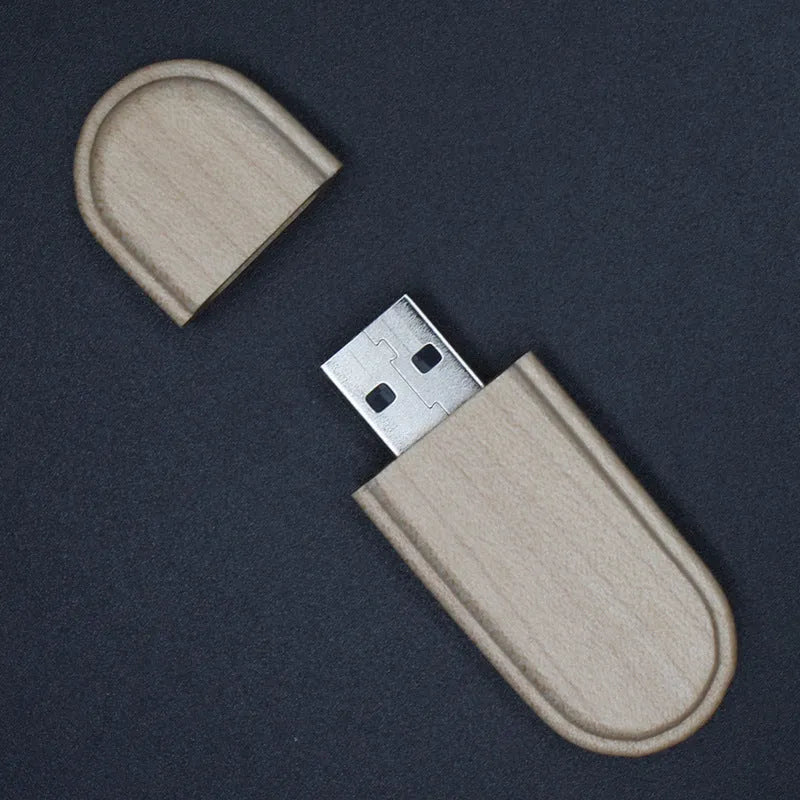 Custom wooden USB flash drive with logo printing, 6cm x 2.3cm x 1cm, USB 2.0, available in 1GB to 64GB.