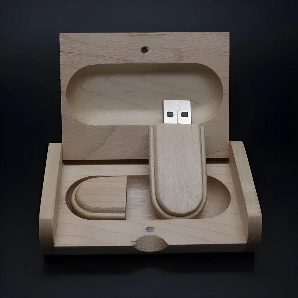 Custom wooden USB flash drive with logo printing, 6cm x 2.3cm x 1cm, USB 2.0, available in 1GB to 64GB.