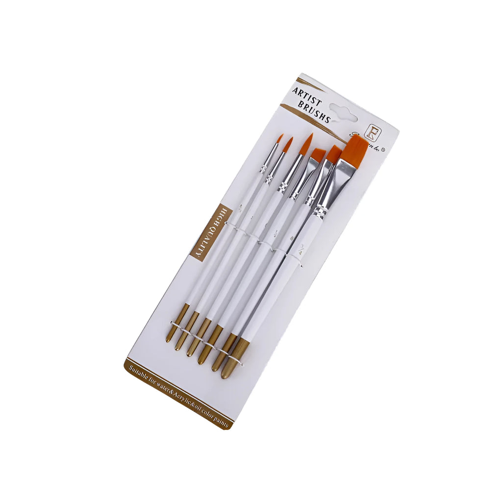 Set of six paint brushes with wood handles and nylon bristles, showing different sizes from very fine to broad flat.