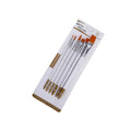 Set of six paint brushes with wood handles and nylon bristles, showing different sizes from very fine to broad flat.