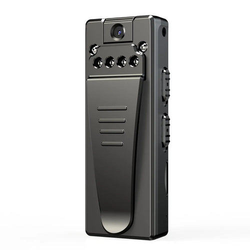 Black 1080p HD DV home camera with 90-degree rotation, night vision, and TF card slot for home security.