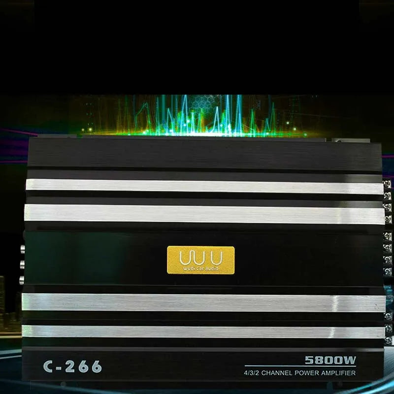4 channel 12V car audio power amplifier board in black aluminium alloy, 32cm x 26cm x 4cm, for 4 speakers or 2 speakers and 1 subwoofer