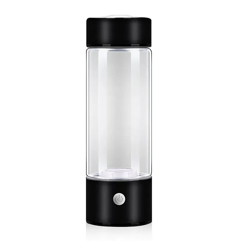 Hydrogen water bottle with borosilicate glass cylinder and electric hydrogen generator in silver colour