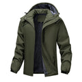 Men's plus size hooded waterproof coat in army green showing loose fit and hood design