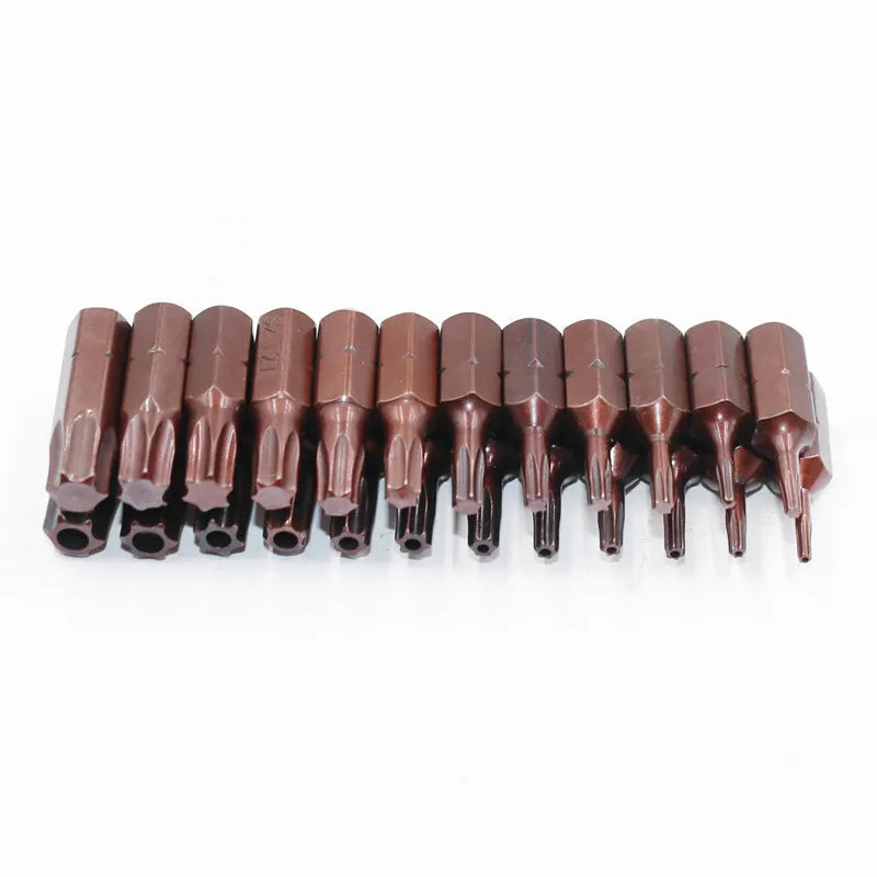 Set of 12 black magnetic screwdriver bits with T6 to T40 sizes and hollow or solid hexagon tips