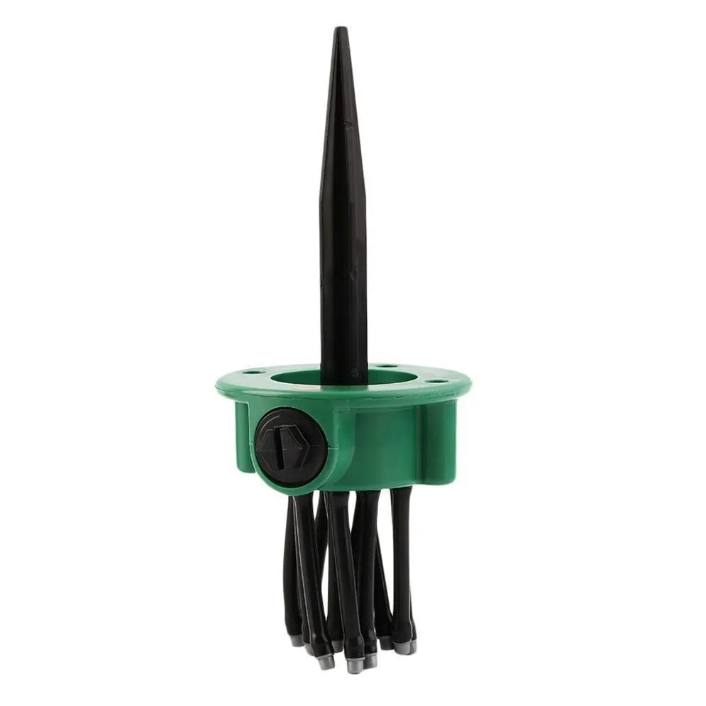 Green plastic adjustable lawn sprinkler with flexible watering noodles on a 9cm base.