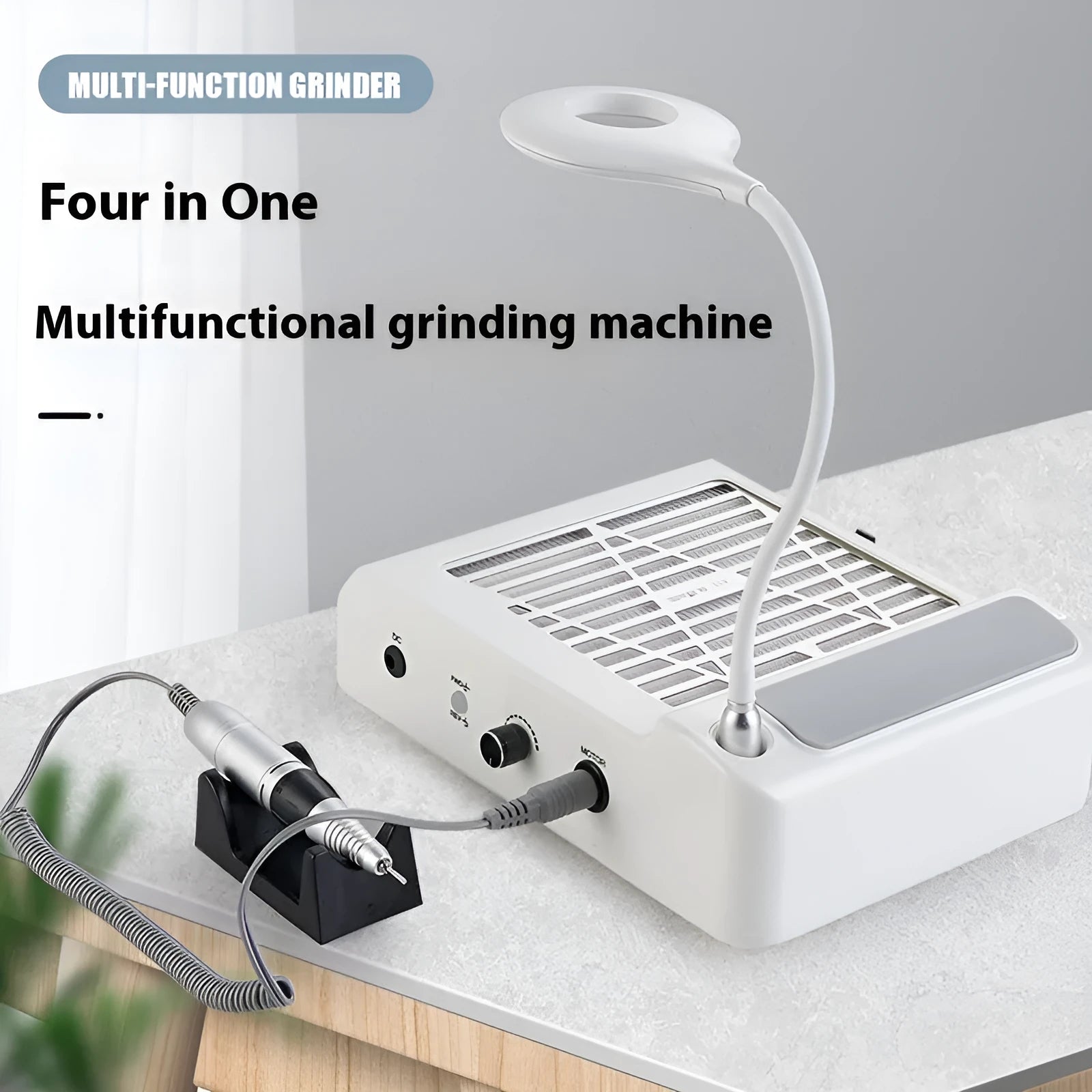 White nail polishing machine with vacuum function showing four-in-one grinding capabilities