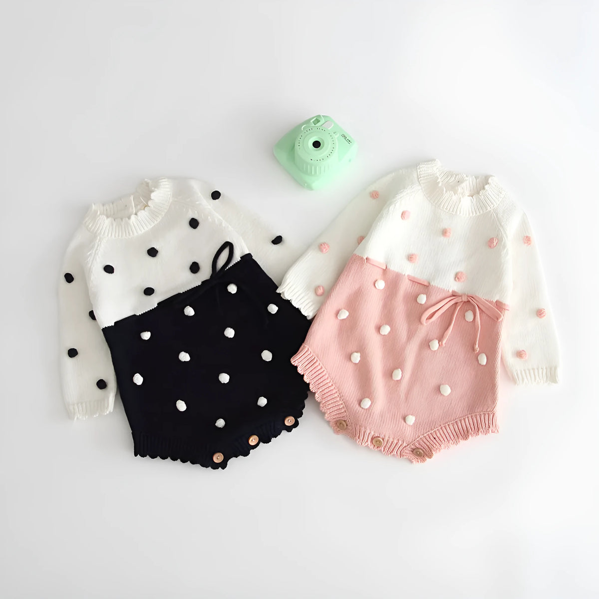Baby knitted jumpsuit, 100% cotton, long sleeve, pullover, not hooded, black or pink, sizes 66-100cm