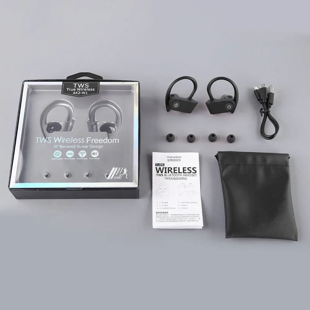 Black wireless Bluetooth earphones with silicone ear tips showing LED indicator and control buttons