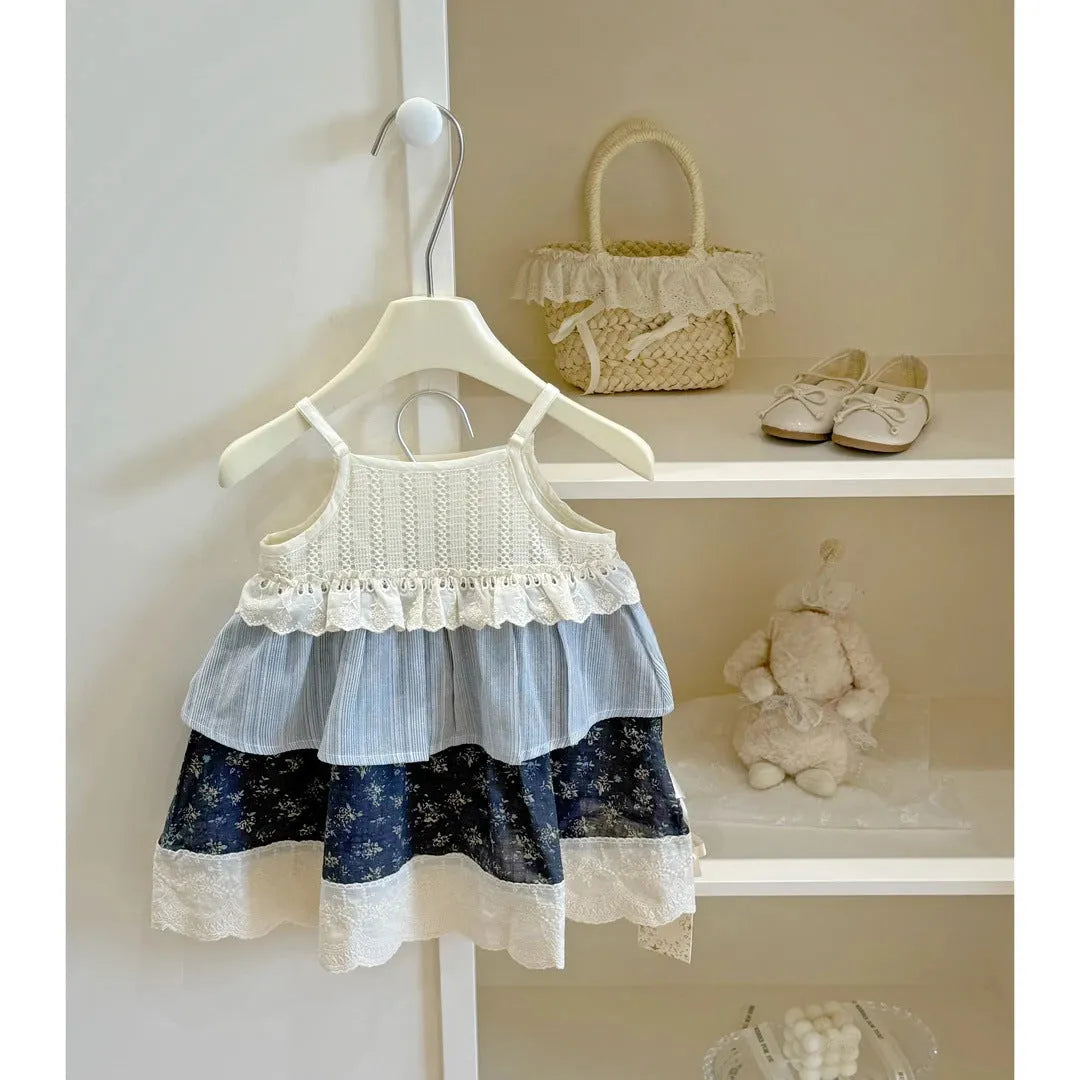Girls' floral sling spliced princess dress, sleeveless cotton lined, floral skirt 7 385, 80-140cm heights